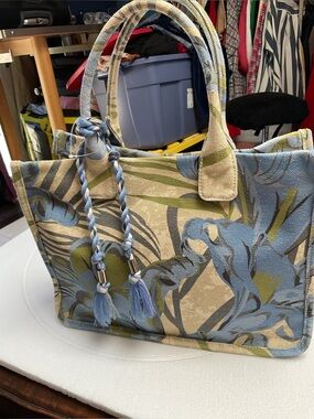 Vince Camuto. Blue Floral Canvas Tote Bag with Braided Tassels